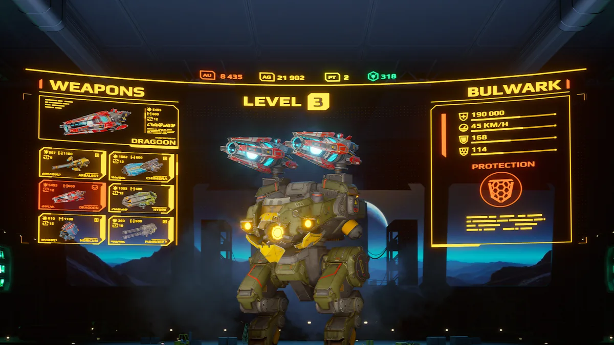 War Robots: Hangar auf Level 3 mit dem Roboter Bulwark, oben 8.435 Gold, 21.902 Silber und 2 Platin