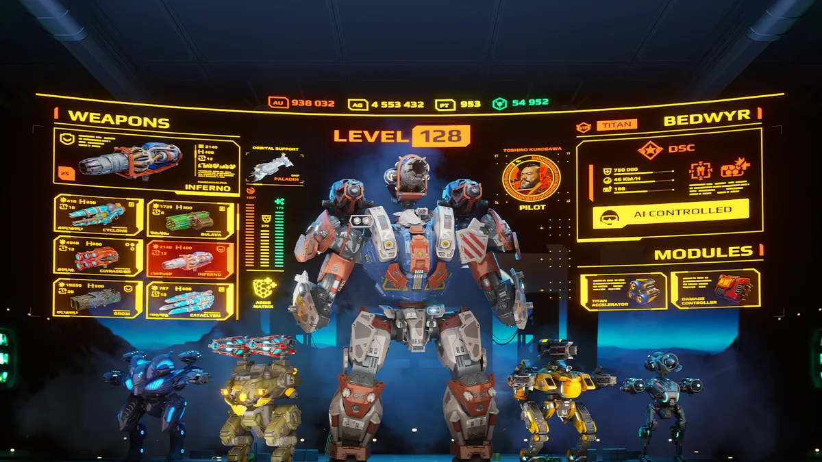 War Robots: Hangar auf Level 128 mit dem Roboter Bedwyr, oben 938.032 Gold, 4.553.432 Silber und 953 Platin