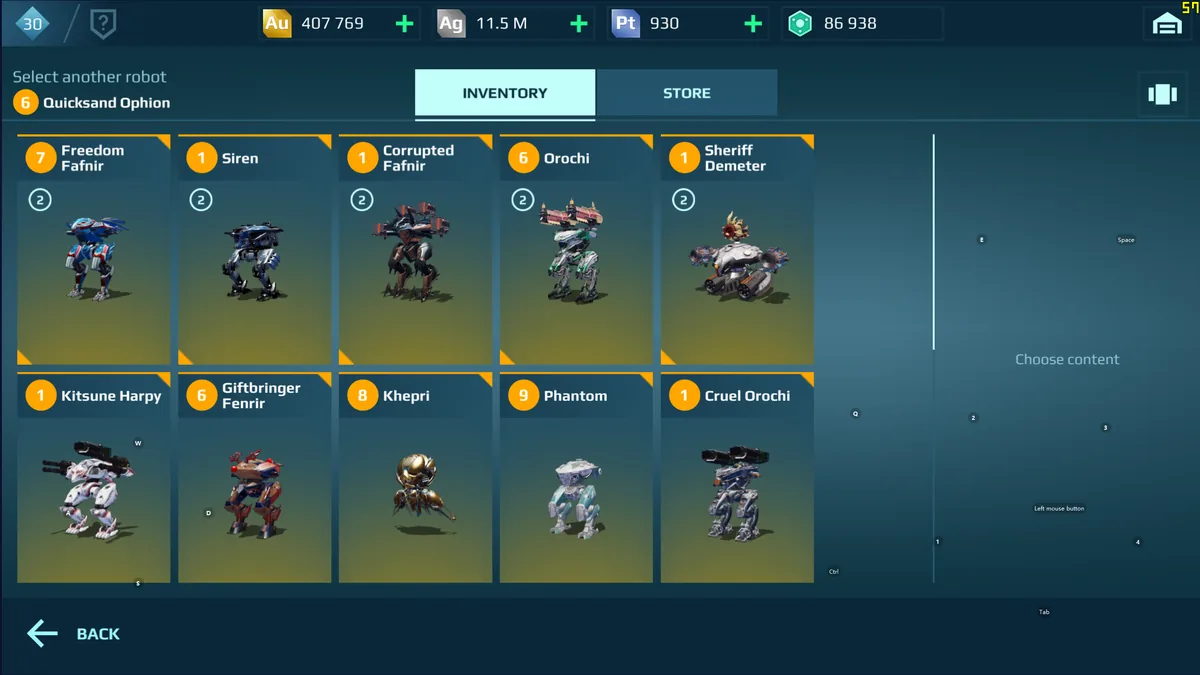 War Robots: Roboterauswahl mit Inventar, oben 407.769 Gold, 11,5 Millionen Silber und 930 Platin