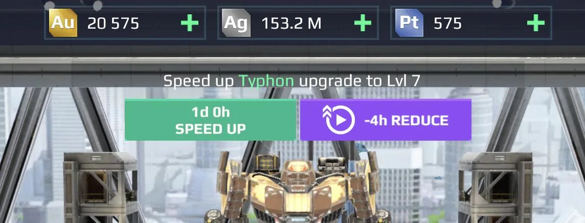 War Robots: Dialog zum Beschleunigen eines Upgrades mit verbleibender Zeit von einem Tag und Gold-Anzeige